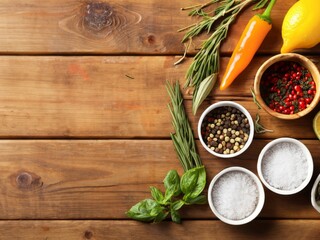 herbs and spices for cooking with wooden backgrund