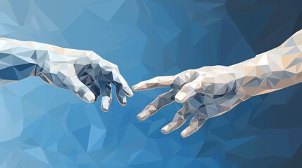 Reaching hands close up detail from The Creation of Adam of Michelangelo. Digital polygonal low poly mesh illustration - obrazy, fototapety, plakaty