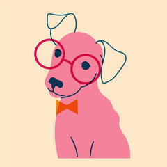 Dog, puppy in glasses. Avatar, badge, poster, logo templates, print. Vector illustration in a minimalist style  with Riso print effect. Flat cartoon style