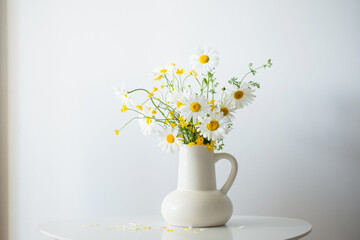 wildflowers in white jug on white background