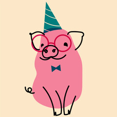 Pink, fancy pig. Avatar, badge, poster, logo templates, print. Vector illustration in flat cartoon style