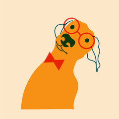 Dog, puppy in glasses. Avatar, badge, poster, logo templates, print. Vector illustration in a minimalist style  with Riso print effect. Flat cartoon style