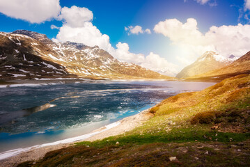 Lake in Switzerland in spring with some ice, swiss alps landscape
