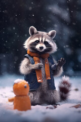 Obraz premium The Playful Raccoon's Winter Snow Fun: Joyful Moments Unleashed AI generated