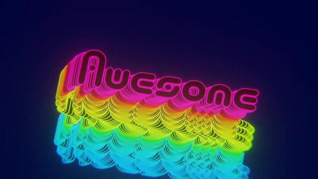 Looping animation of colorful trippy neon word Awesome moving isolated on a dark blue background