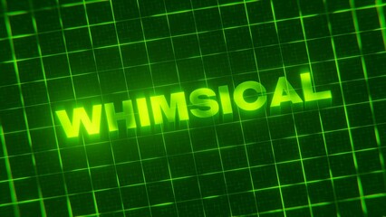 3D-rendered pattern of a word whimsical on bright neon green lines arranged in a grid pattern.