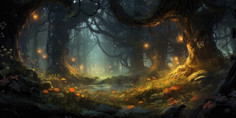 Fantasy mysterious and fairytale magical forest with amber lighting pathway at dark misty night, generative ai  