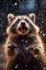 The Amusing Raccoon's Winter Surprise: A Multitude of Snowflakes Falling AI generated
