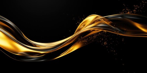 Abstract gold swirl wave on black background. Flow liquid lines design element, generative ai