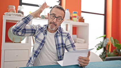 Fototapeta premium Middle age man angry reading document sitting on table at dinning room