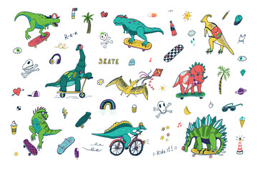 Dinosaur, skate, doodles summer vector illustrations set. - 629274789