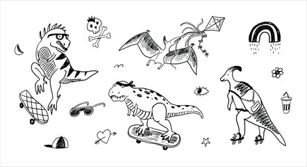 Dinosaur, skate, doodles summer vector line illustrations set.