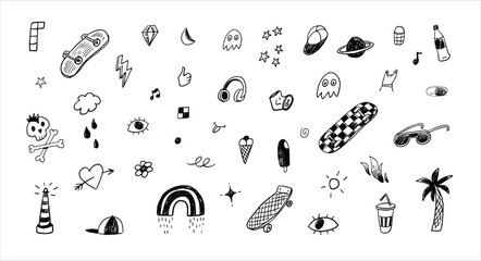 Skate, rainbow, music doodles summer vector illustrations set. - 629275129