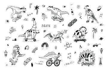 Dinosaur, skate, doodles summer vector line illustrations set. - 629275138