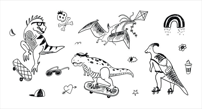 Dinosaur, skate, doodles summer vector line illustrations set.
