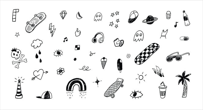 Skate, rainbow, music doodles summer vector illustrations set.