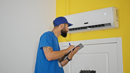 Young hispanic man technician repairing air condition machine writing report at home