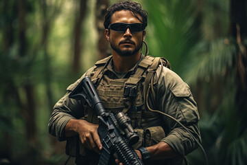 Obraz premium US Army Marine in full uniform and tactical gear in the jungle. AI generated.