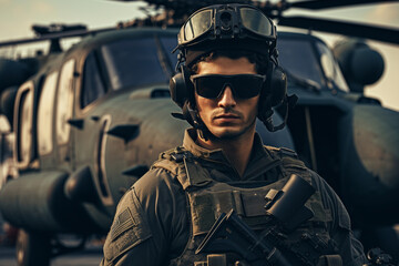 US Army Marine in full uniform and tactical equipment on the deck of a warship, an aircraft carrier. Military helicopter in the background. AI generated.