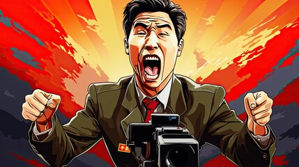 Drawn illustration, North Korean leader with energetic gestures making a communist propaganda speech. - obrazy, fototapety, plakaty