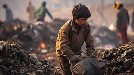 Underage Indian children searching rubbish heaps.