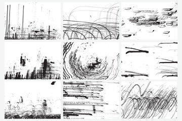 Set of abstract backgrounds. Ink scribble textures as cards. Black and white. Hand drawn illustrations prints. Abstract light trails painting. Pencil drawing strokes. Vector design elements stains set