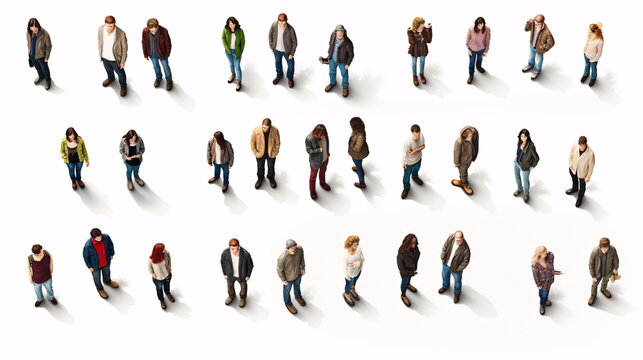 Top view of people set isolated on a white background. Men and women. View from above. Male and female characters.