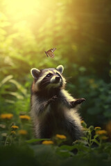 The Playful Raccoon Chasing Butterflies in the Summer Meadow AI generated