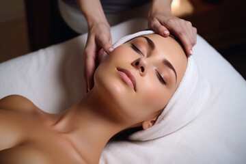 Close-up view, a woman receives a facial massage in a spa center.