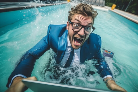 Businessman in a suit chatting with colleagues on a laptop while sitting in the pool. Funny incredible illustration.