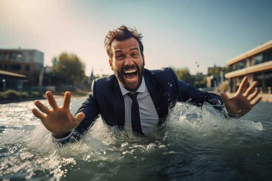 Excited businessman in an expensive suit shouting and gesturing while standing in the pool.