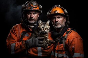 Fototapeta premium Two miner in construction helmets. AI generated. A man is holding a rescued cat.