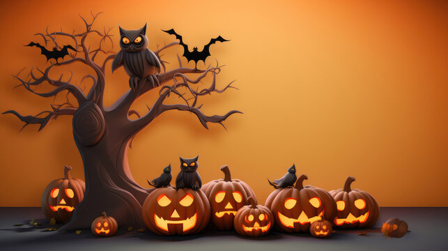 3D illustration of Halloween theme banner with group of Jack O Lantern pumpkin and paper graphic style of spooky tree and owl on background.