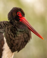 A vertical closeup shot of a black stork with a bright red beak