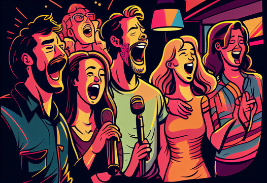 Cartoon illustration, a group of people sings in karaoke. Comic style. AI generative.