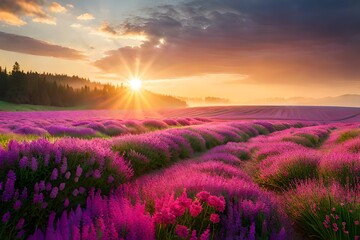 Fototapeta na wymiar colorful flower meadow with sunbeams and bokeh light in summer