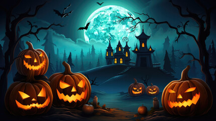 Halloween pumpkins and dark castle on blue Moon background, illustration.