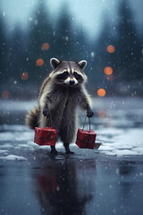 The Playful Raccoon Glides Happily on the Winter Ice Rink AI generated