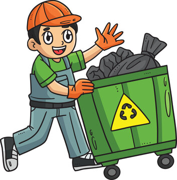 Garbage Man Collecting Bin Cartoon Colored Clipart