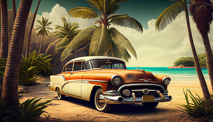 A vintage car in the style of the 1960s stands under palm trees on the seashore. Vintage color...