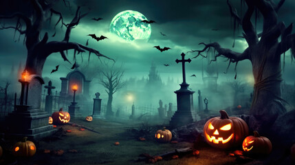 Fototapeta na wymiar Pumpkins In Graveyard In The Spooky Night