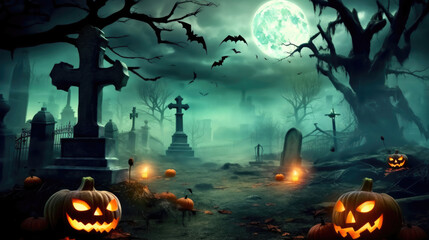 Pumpkins In Graveyard In The Spooky Night