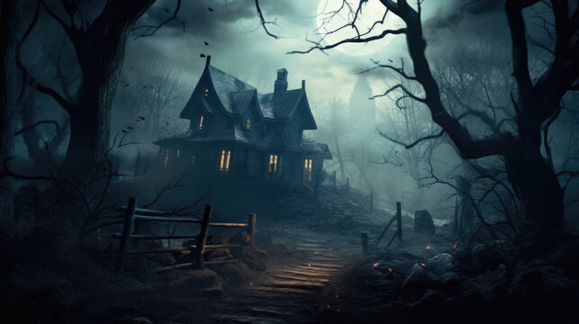Horror halloween haunted house in creepy night forest.