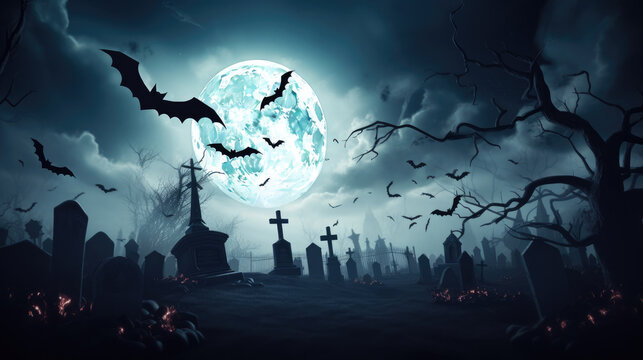 Zombie Rising Out Of A Graveyard cemetery In Spooky scary dark Night full moon bats on tree. Holiday event halloween banner background concept.