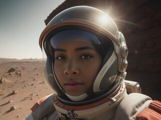 Digital photo of brutal  athletic, self-confident african american female astronaut outside on the surface of Mars near the Martian station 
