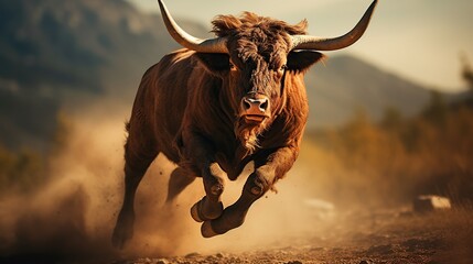 bull is angry in the forest - obrazy, fototapety, plakaty