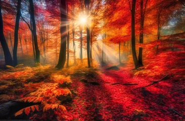Foto op Plexiglas a forest of autumn leaves with sunlight in the background © NURA ALAM