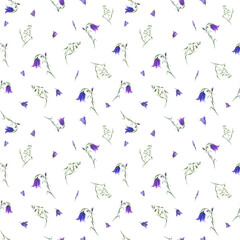 Bluebells, wild oats isolated on white background. Floral seamless pattern with blooming campanula. Watercolor illustration for poster, scrapbooking, invitations, prints, fabric, textile, wrapping.