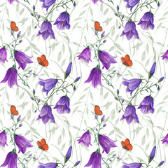 Blooming campanula, wild oats, flying butterflies. Floral seamless pattern isolated on white background. Watercolor illustration for poster, scrapbooking, invitations, prints, textile, wrapping.