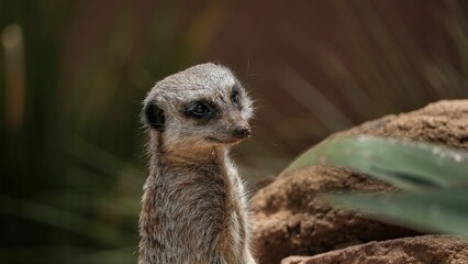 Fototapeta premium Closeup of a mongoose perched on a rocky terrain, with a cactus in the background